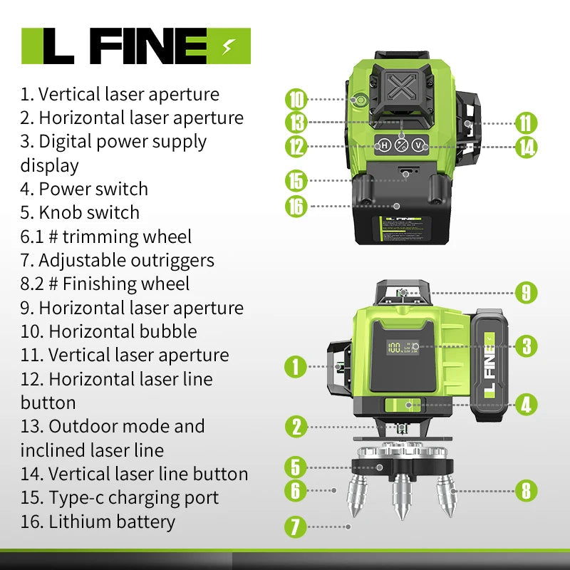 16 Lines 4D Laser Level 12 Lines 3D level 360°Self-leveling Horizontal and Vertical Cross Super Powerful Green Laser Beams