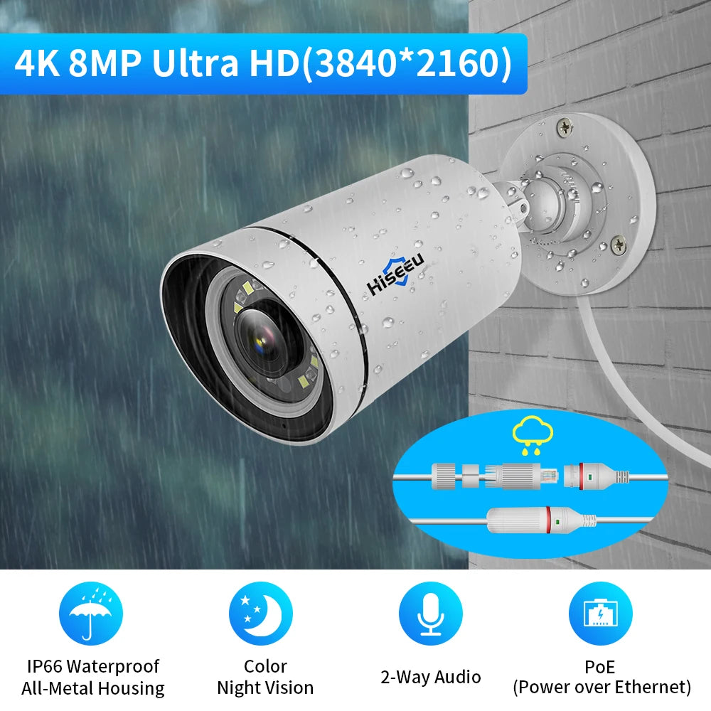 4K 8MP Outdoor PoE IP Security Camera with Audio, Motion Alarm, Color Night Vision, ONVIF