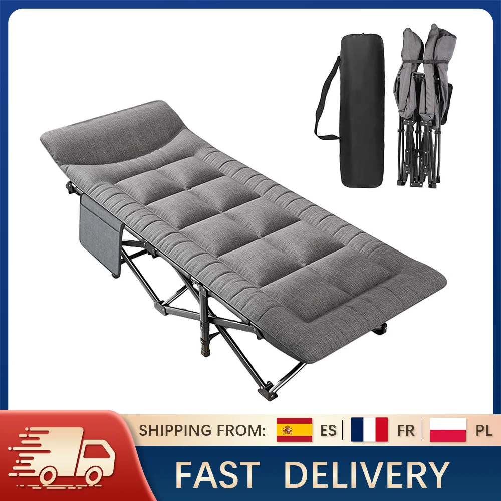 Folding Camping Bed with Headrest & Side Pocket Portable Single Cot