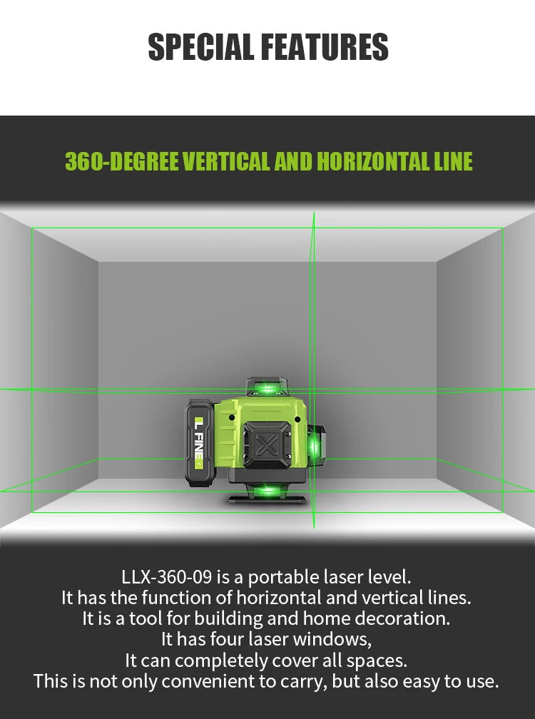 16 Lines 4D Laser Level 12 Lines 3D level 360°Self-leveling Horizontal and Vertical Cross Super Powerful Green Laser Beams