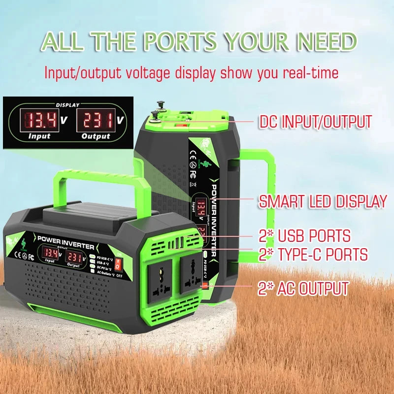 300W/500W захранващ инвертор DC 12V към AC 220V с USB и Type-C портове, подходящ за лаптопи и употреба на открито