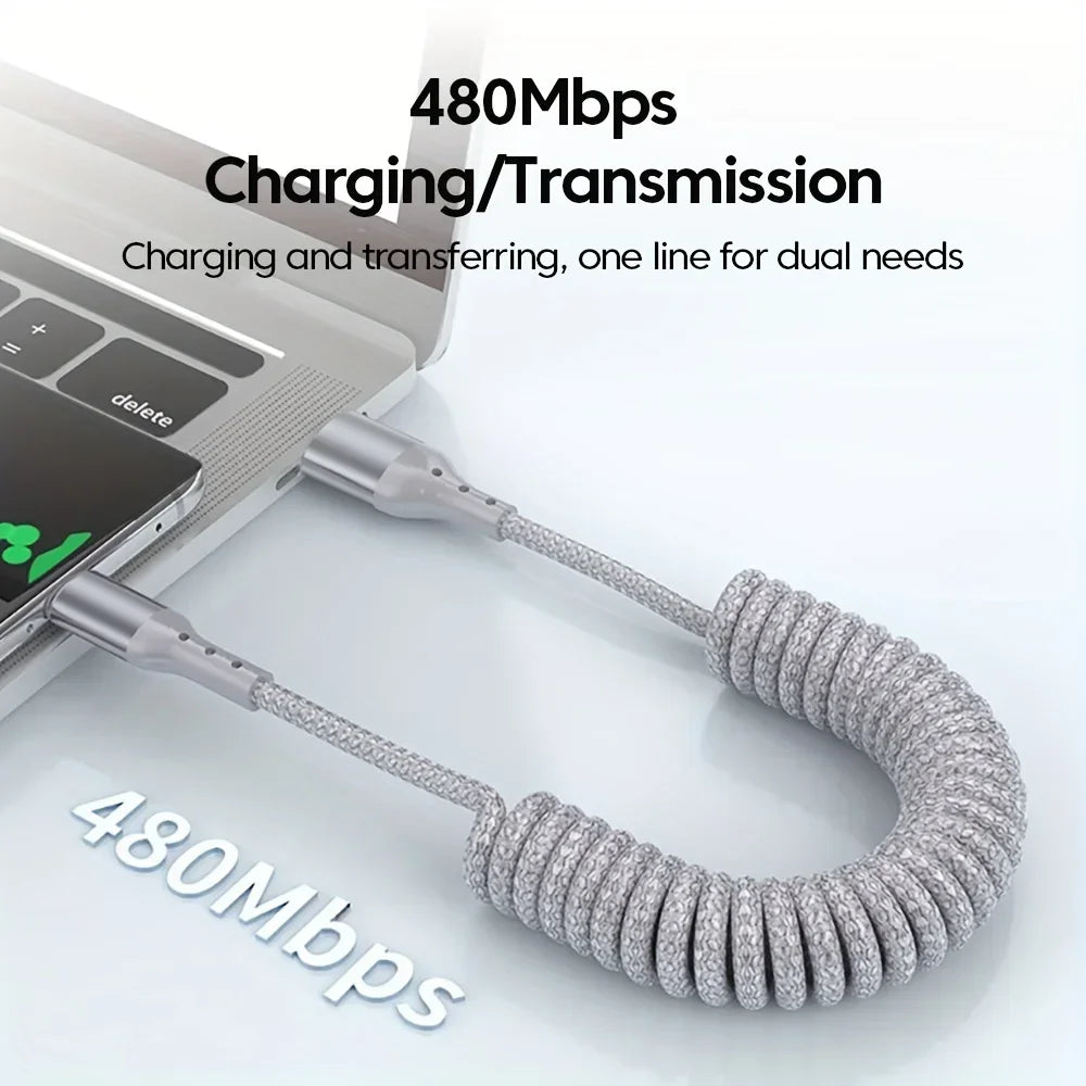 Cable de carga en espiral USB-C a USB-C de 100 W, 1.5 m