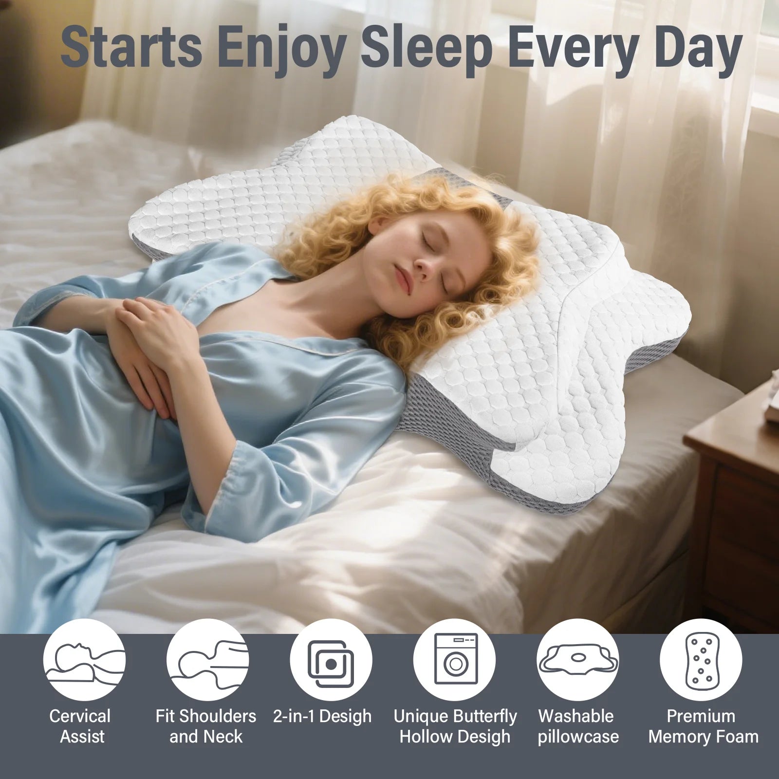 Fjäril Memory Foam Nackkudde för Sidosovare och Ryggsovare