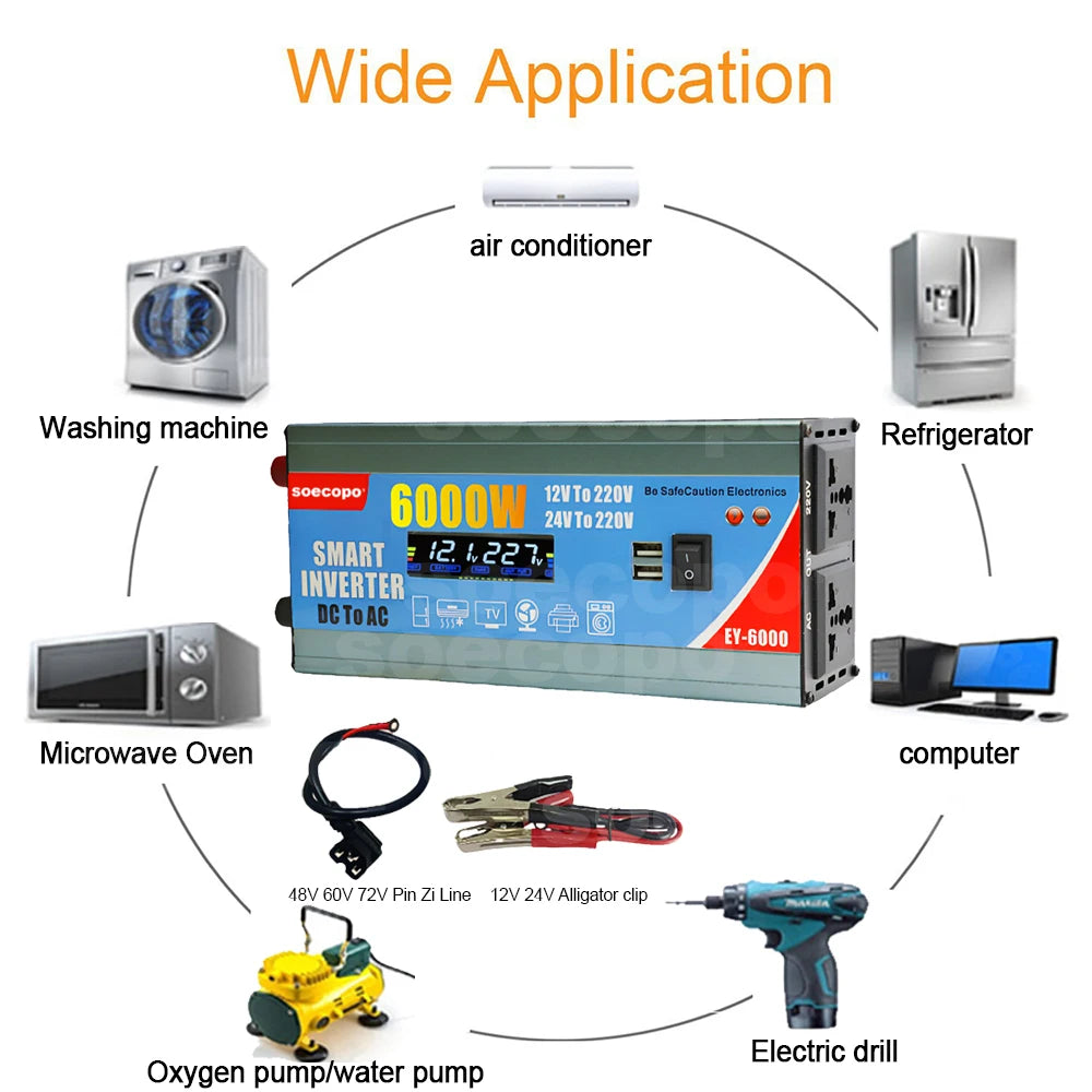 High-Efficiency 6000W Dual Voltage Power Inverter with LCD Display, Multi-Protection & Dual USB Ports