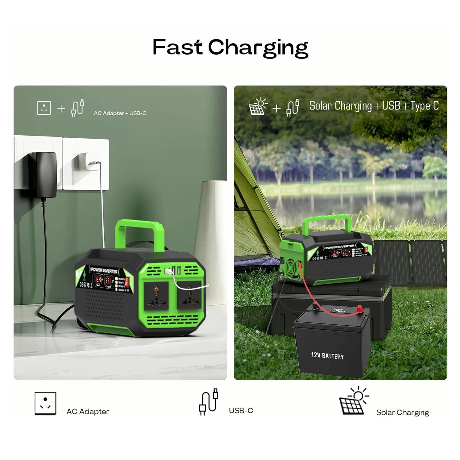300W/500W захранващ инвертор DC 12V към AC 220V с USB и Type-C портове, подходящ за лаптопи и употреба на открито