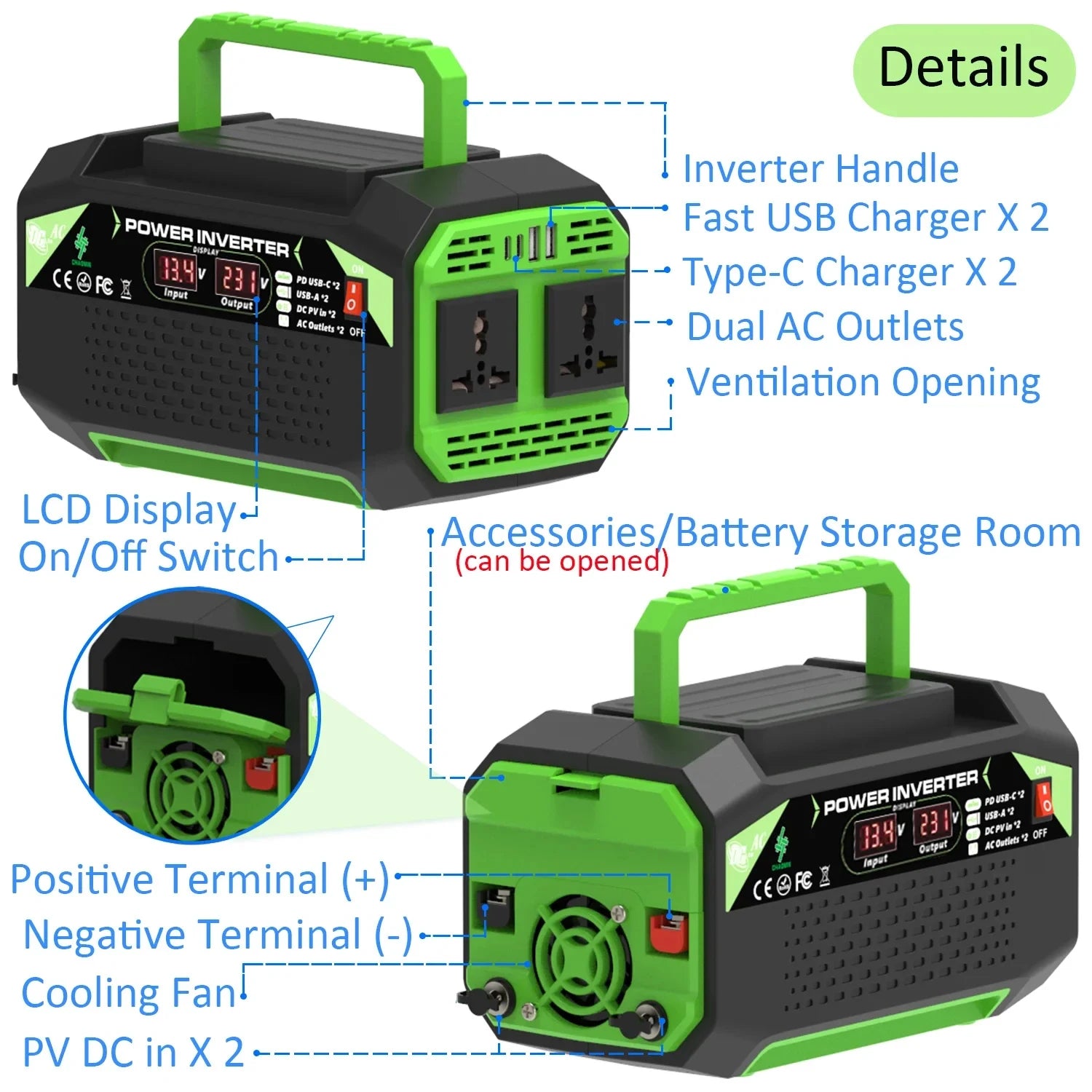 300W/500W захранващ инвертор DC 12V към AC 220V с USB и Type-C портове, подходящ за лаптопи и употреба на открито