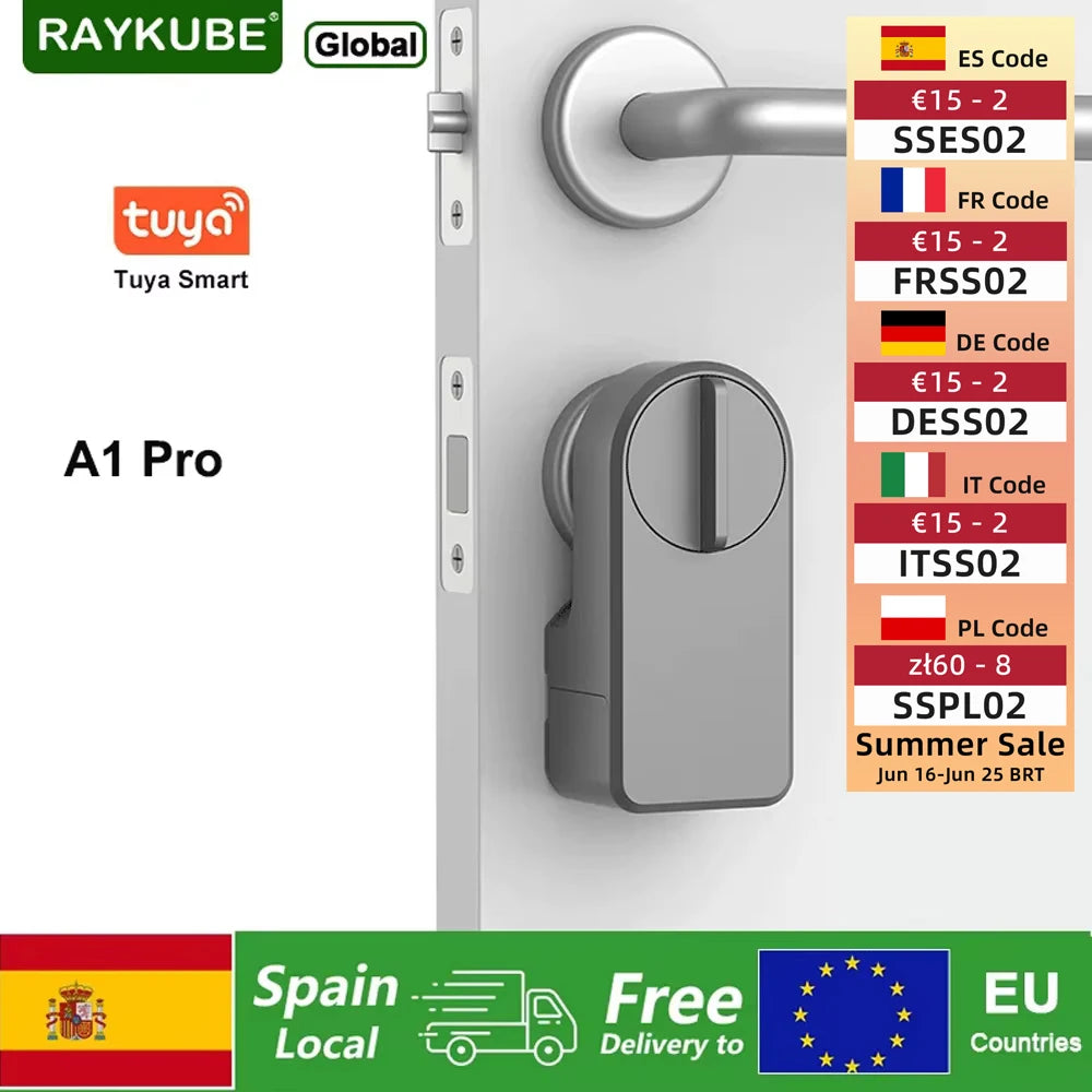 RAYKUBE A1 Pro Tuya Bluetooth Smart Door Lock Tuya/ Smart Life APP Unlock No drilling required Delivery From Spain To EU Countri