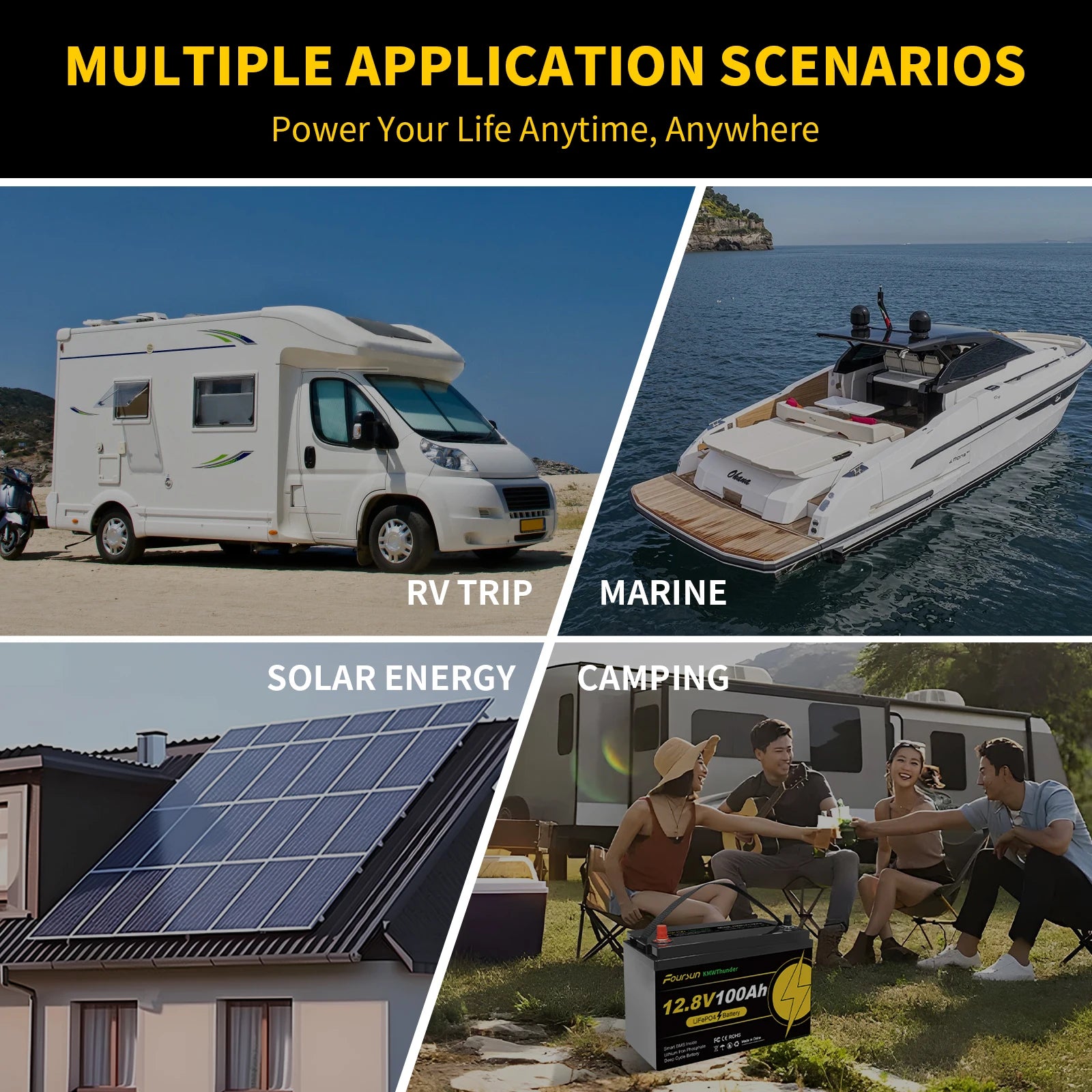 Bateria Foursun LiFePO4 12V 100Ah/200Ah/300Ah com Proteção BMS para Baixa Temperatura, mais de 4500 Ciclos para Autocaravana/Solar/Camping