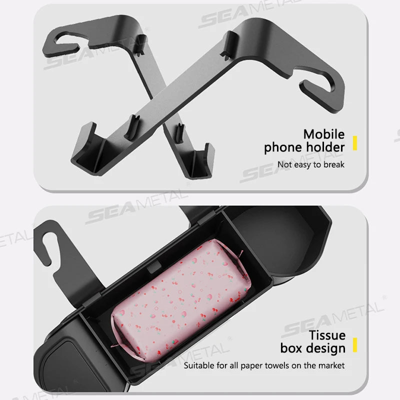 SEAMETAL Car Back Seat Organizer Multifunctional Car Storage Box Universal Cup Holder/Trash Bin/Tissue Holder/Phone Mount/Hooks