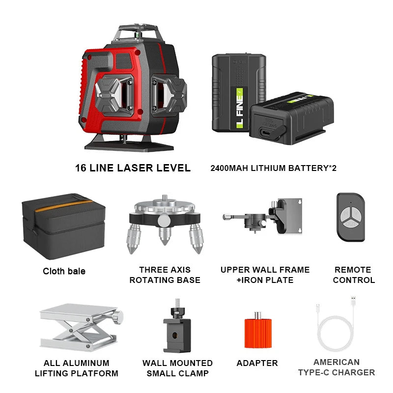 Livello laser professionale 16 linee 4D con raggio verde a 360°