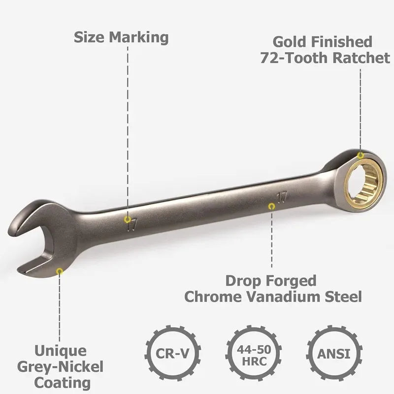 Metric Ratchet Combination Spanner, 6–32 mm Size Options