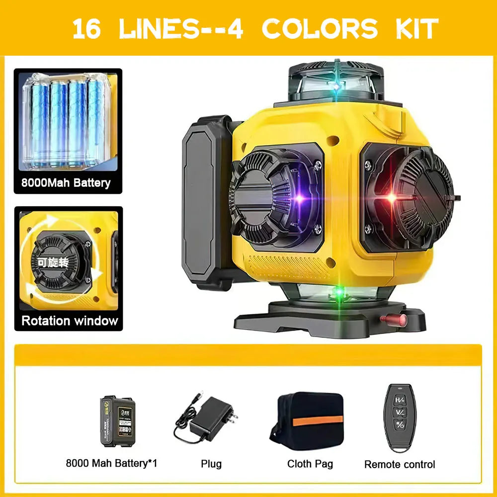 Professional 16 Lines 4D Laser Level Automatic 360 ° Horizontal & Vertical Power Lines Laser Levels Power Display Green Beam