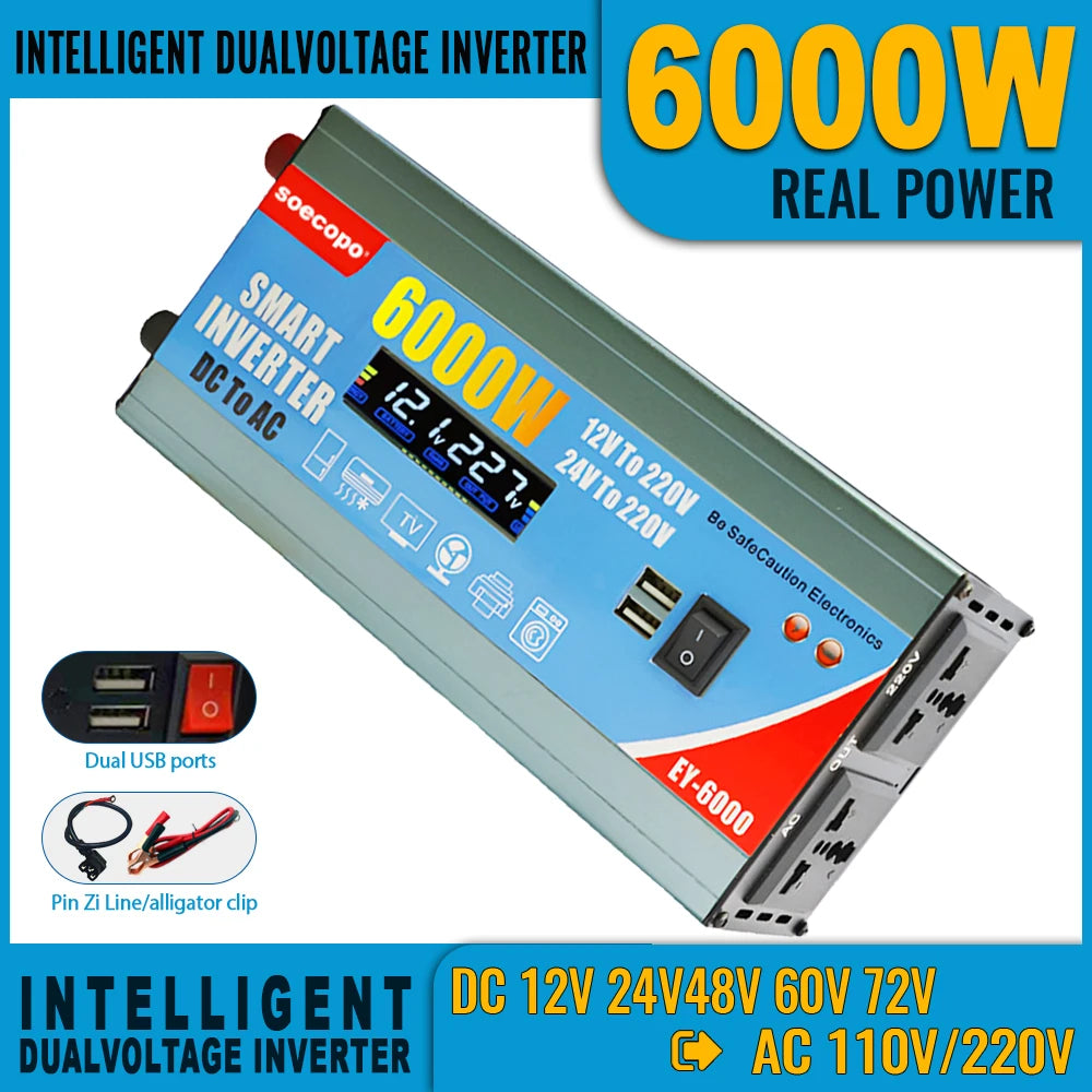 High-Efficiency 6000W Dual Voltage Power Inverter with LCD Display, Multi-Protection & Dual USB Ports