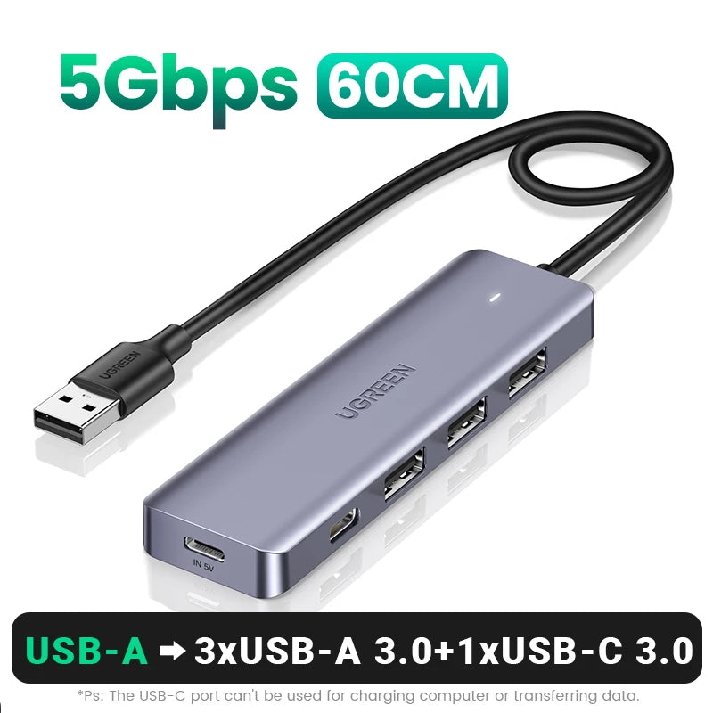 UGREEN USB-HUB med 4 porter, USB-A-splitter, ultratynn USB-utvideradapter til mus, tastatur, MacBook, bærbar PC og tilbehør til XBOX og PS5