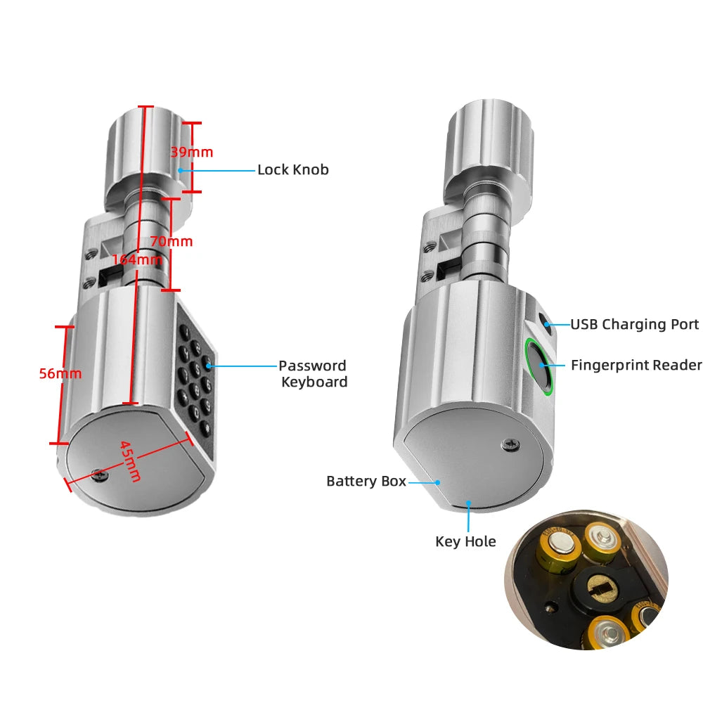 RAYKUBE L12 Tuya BLE Fingerprint Cylinder Digital Door Lock With 60/70 mm Adjustable Cylinder length Password/Key/Tuya APP Unlok
