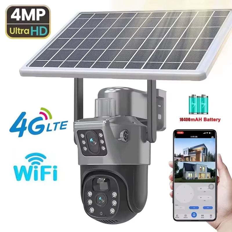 4MP Wireless Security Camera with Solar Panel, PTZ, Dual Lens