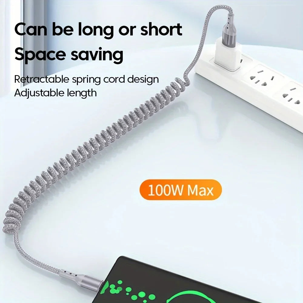 Cable de carga en espiral USB-C a USB-C de 100 W, 1.5 m