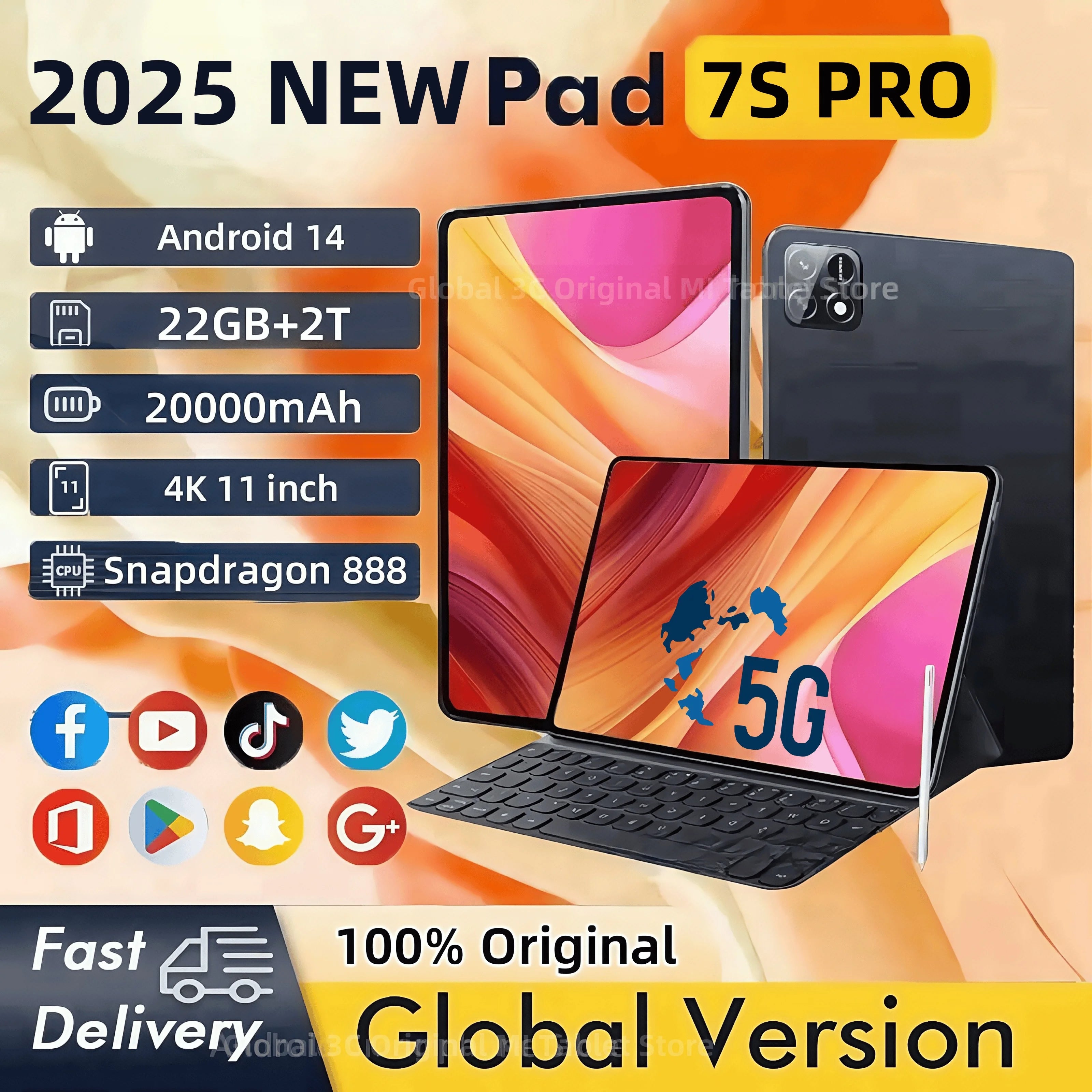 Pad 7S Pro 11" Android 14 5G Tablet with 22GB+2TB Storage