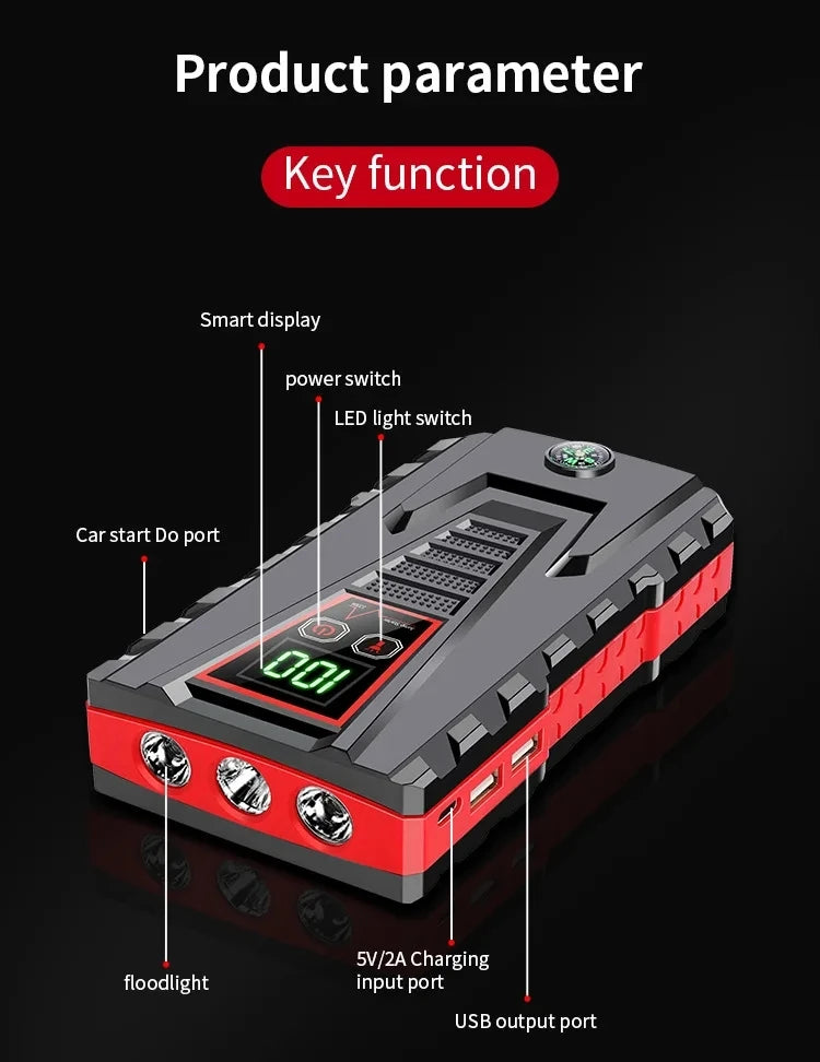 26800mAh Portable Car Jump Starter with 2500A Peak Power