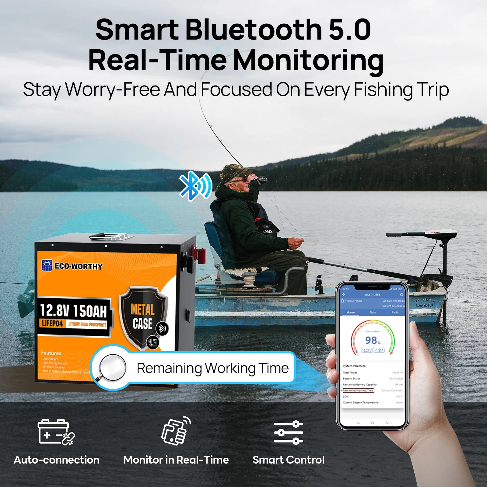 ECO-WORTHY 12V 150AH Bluetooth LiFePO4 Lithium Battery with Low Temperature Protection, Built-in 120A BMS, Perfect for Trolling