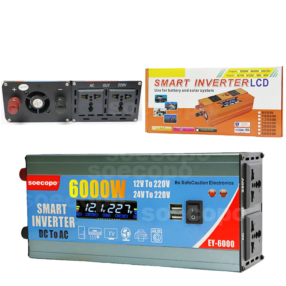High-Efficiency 6000W Dual Voltage Power Inverter with LCD Display, Multi-Protection & Dual USB Ports