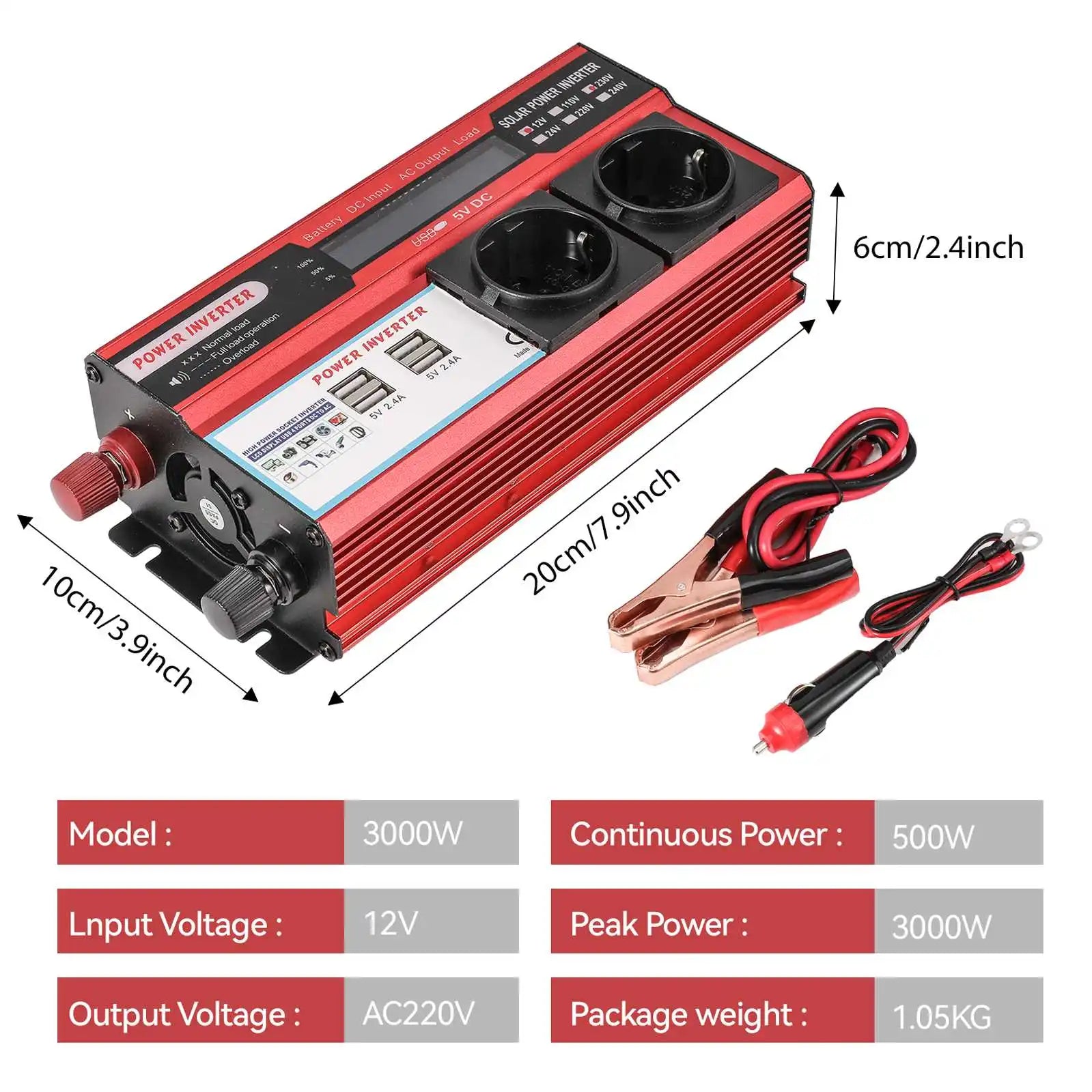 4000W/3000W Power Inverter with USB Charging and LED Display