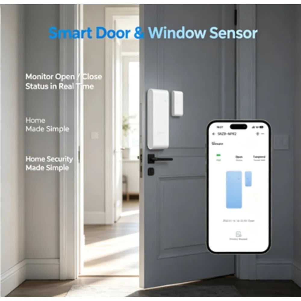 Capteur Intelligent Zigbee 6-en-1 Porte Fenêtre Ouverture/Fermeture avec Application Alerte Instantanée, Alarme de Mutation & Historique, Installation Sans Perçage pour Sécurité Domestique