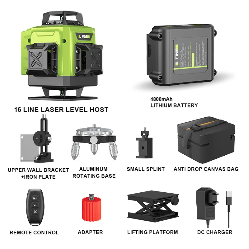 16 Lines 4D Laser Level 12 Lines 3D level 360°Self-leveling Horizontal and Vertical Cross Super Powerful Green Laser Beams
