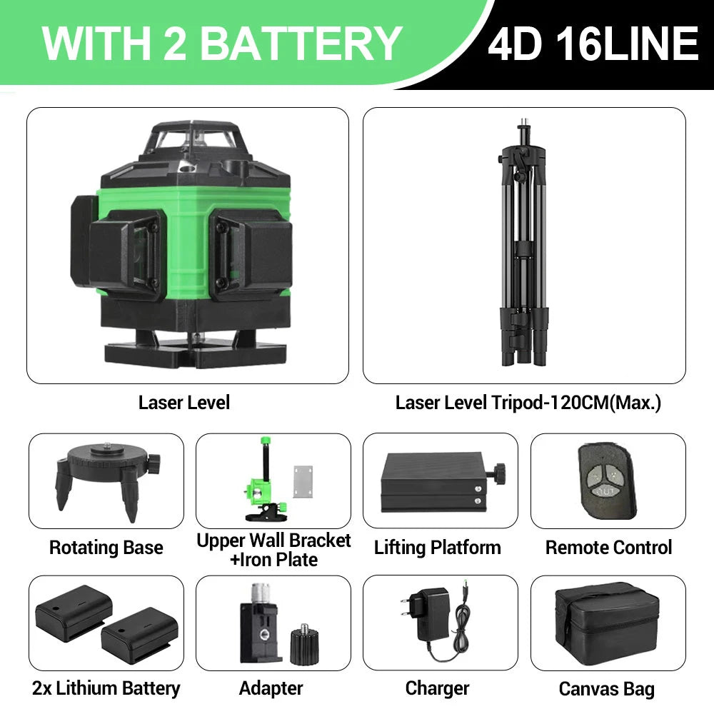 16 Lines 4D Laser Level green line SelfLeveling 360 Horizontal & Vertical power Laser level Professional Construction Tools