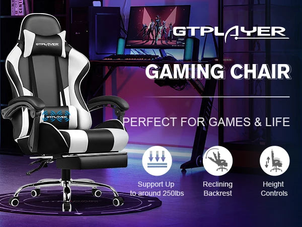 Gaming Chair with Footrest, Lumbar Support & Headrest, Swivel Seat