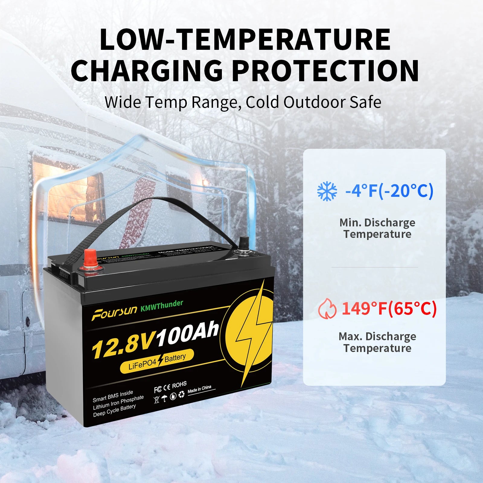 Bateria Foursun LiFePO4 12V 100Ah/200Ah/300Ah com Proteção BMS para Baixa Temperatura, mais de 4500 Ciclos para Autocaravana/Solar/Camping