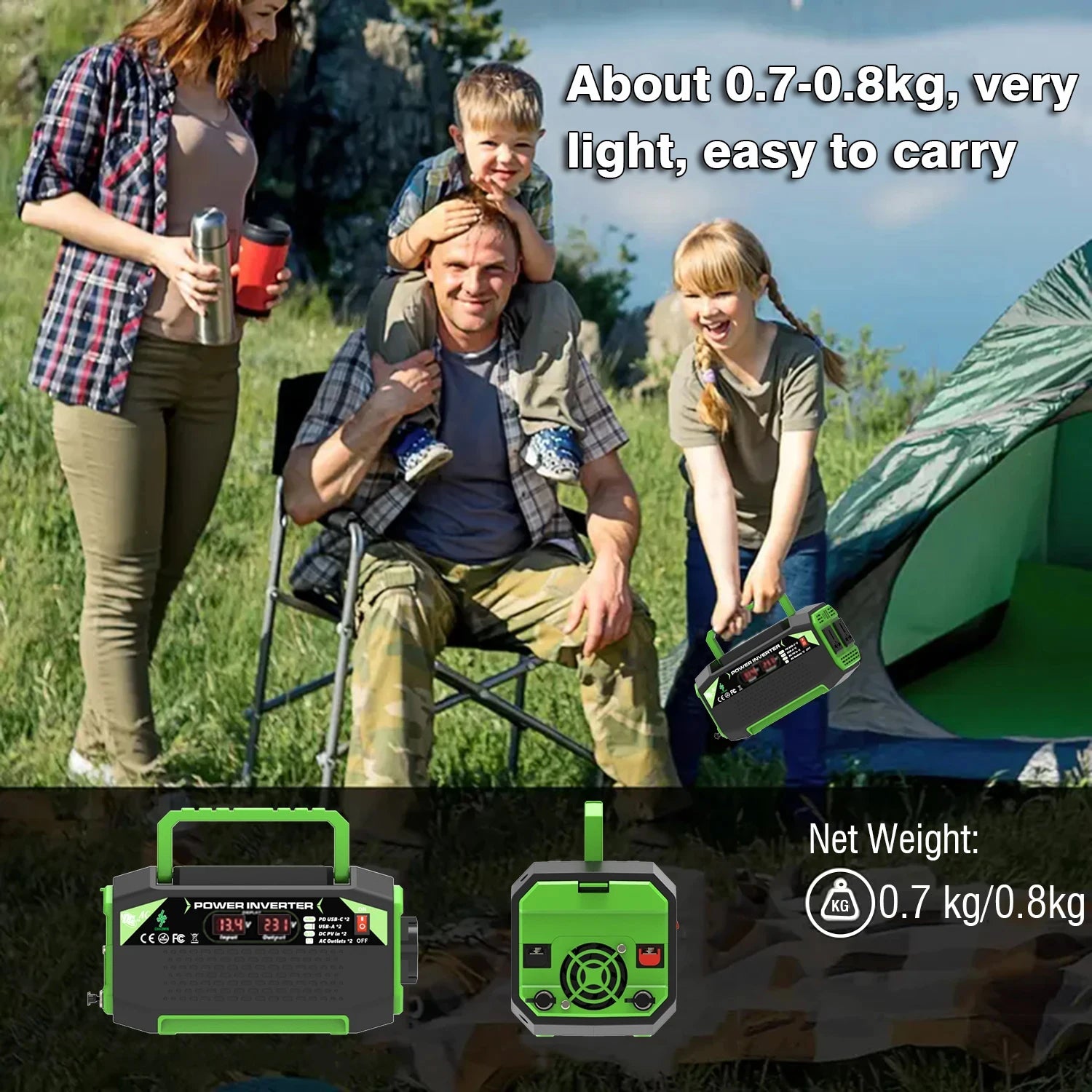300W/500W захранващ инвертор DC 12V към AC 220V с USB и Type-C портове, подходящ за лаптопи и употреба на открито