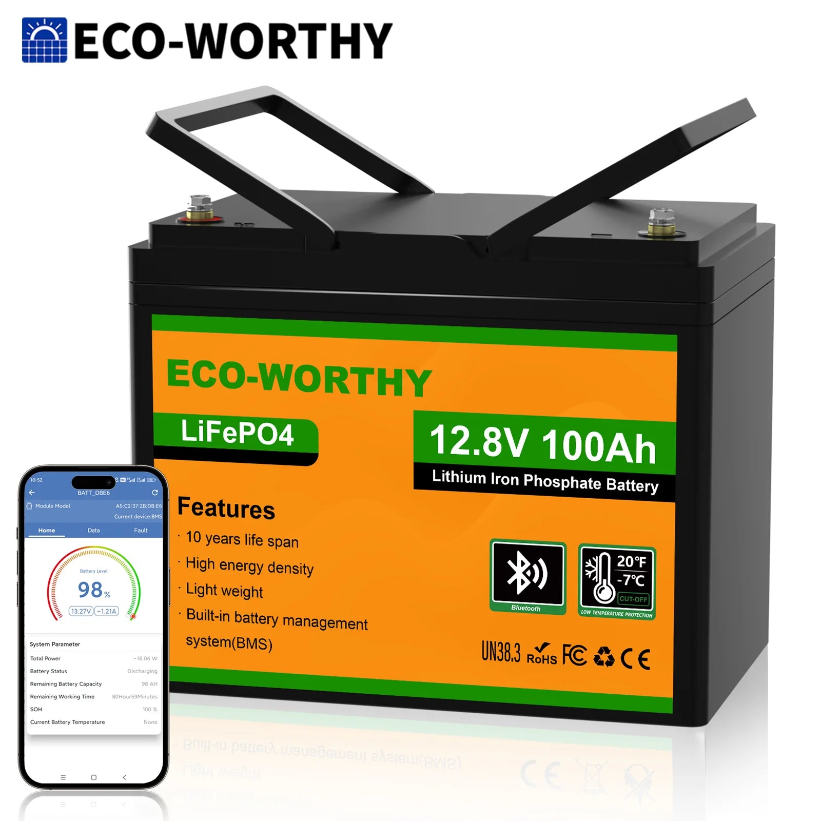 12V 100Ah LiFePO4 baterie s Bluetooth a ochranou proti chladu