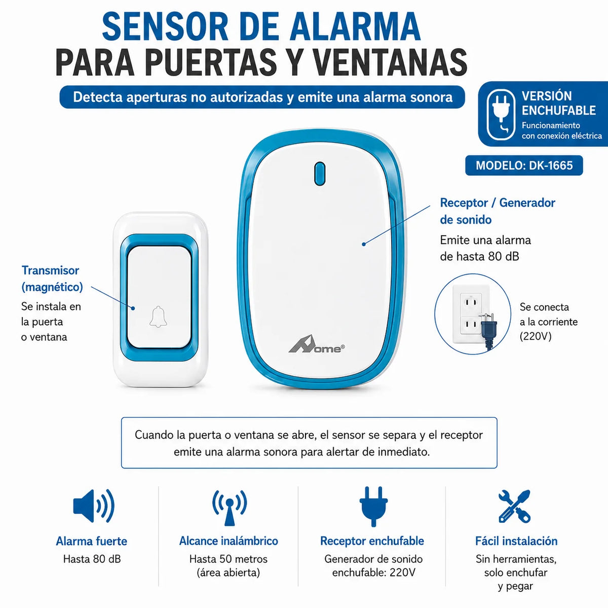 Sensor de Puerta y Ventana Inalámbrico, Versión enchufable | Alcance hasta 50 m | Alarma de 80 dB | Instalación fácil, Color blanco