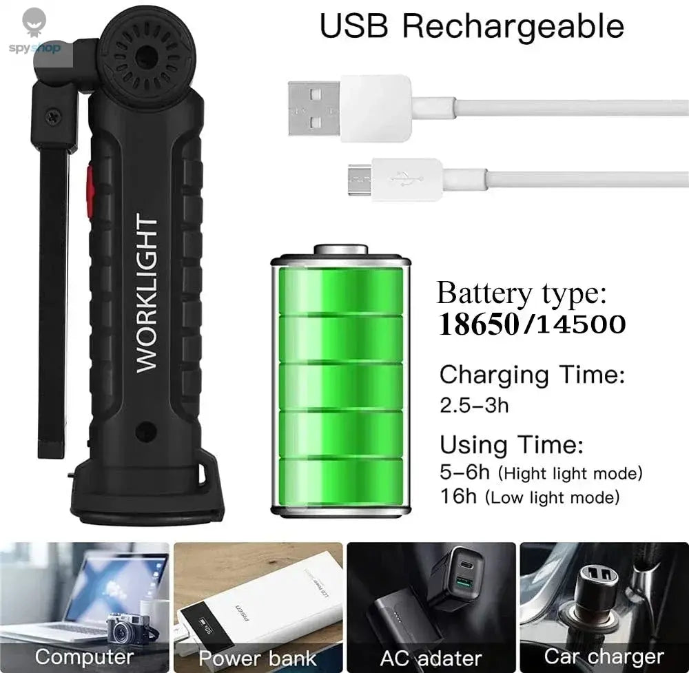 COB LED Work Light Dimmable USB Rechargeable LED Flashlight Inspection Lamp With Magnetic Hook Power Bank 18650 Battery Torch Spy-shop.com