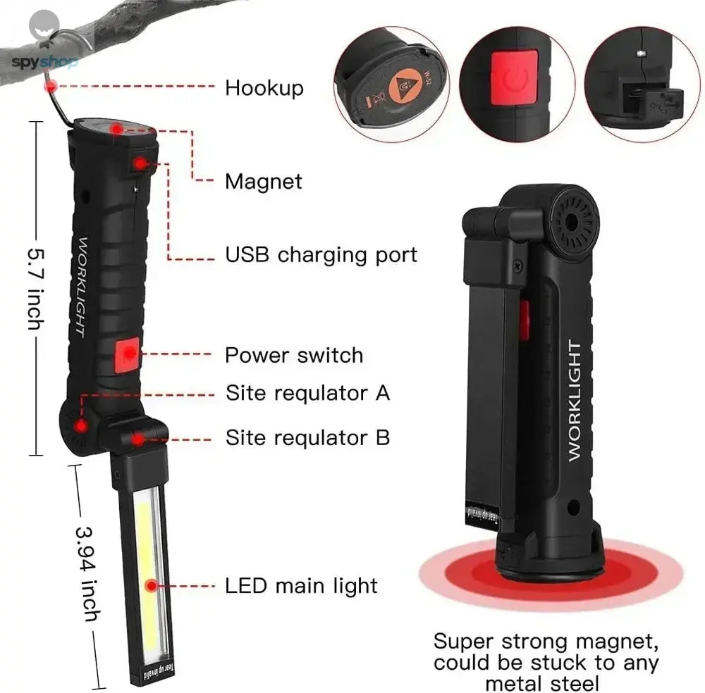 COB LED Work Light Dimmable USB Rechargeable LED Flashlight Inspection Lamp With Magnetic Hook Power Bank 18650 Battery Torch Spy-shop.com