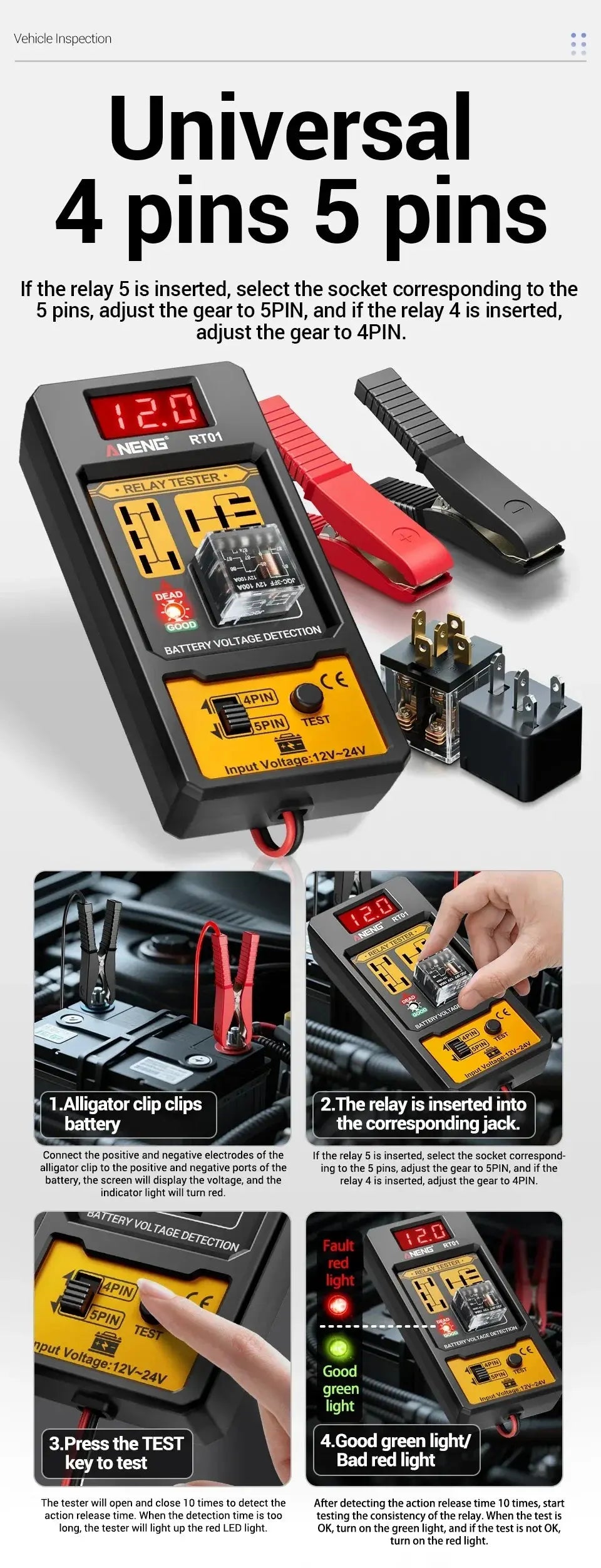Car Relay Tester Voltage Tester ANENG RT01 Universal 11-25V Automotive Car Battery Check LED Indicator Light Relay Diagnostic