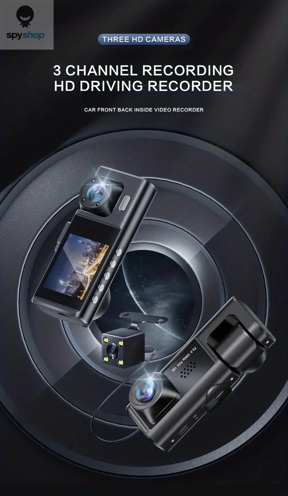 Dash Cam W/ IR Night Vision Loop Recording & 2" IPS Screen 1080P 3 Camera , DVR recorder, video recorder, Vehicle DVR