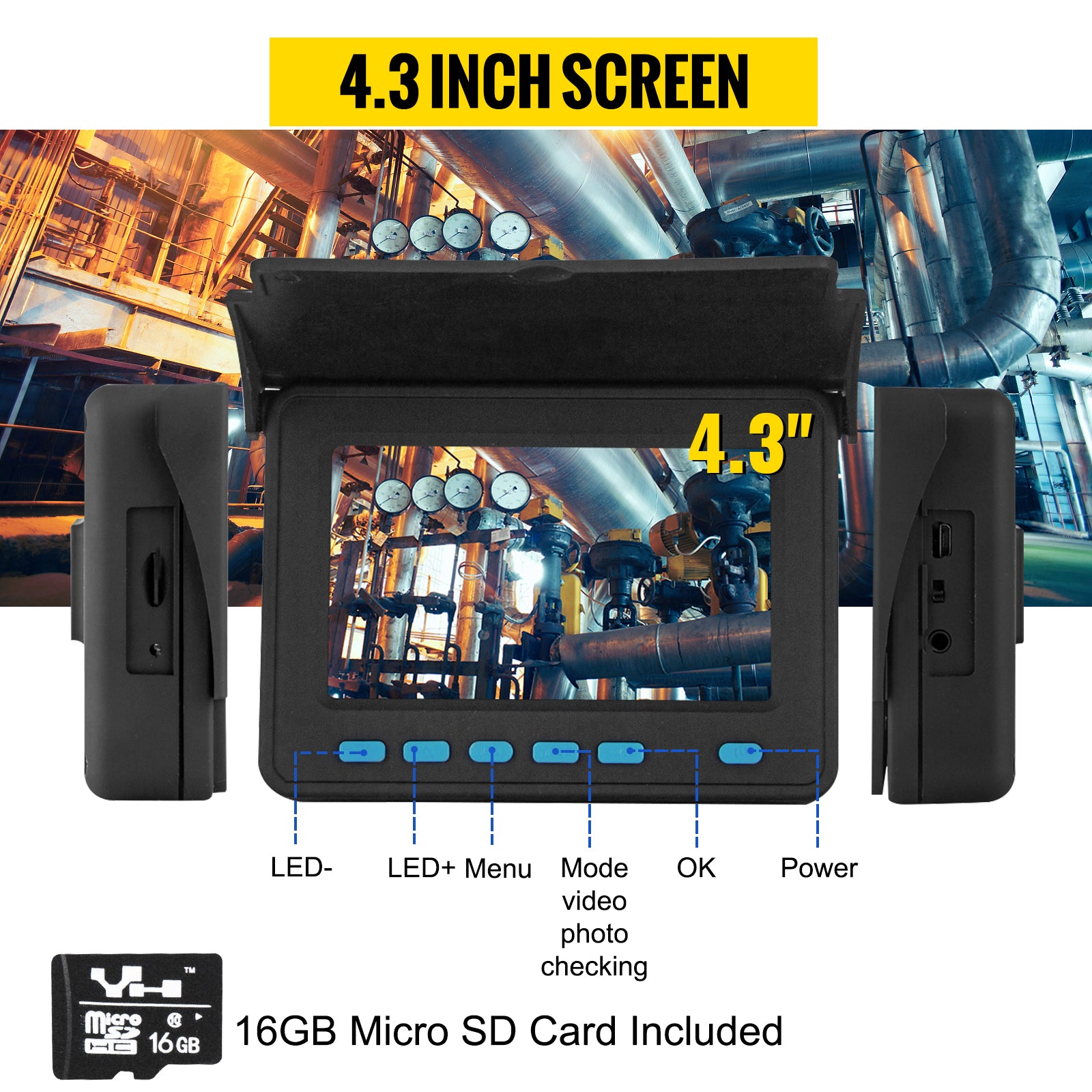 Câmara de Inspeção de Tubos com Monitor de 4,3", DVR e Cabo IP68