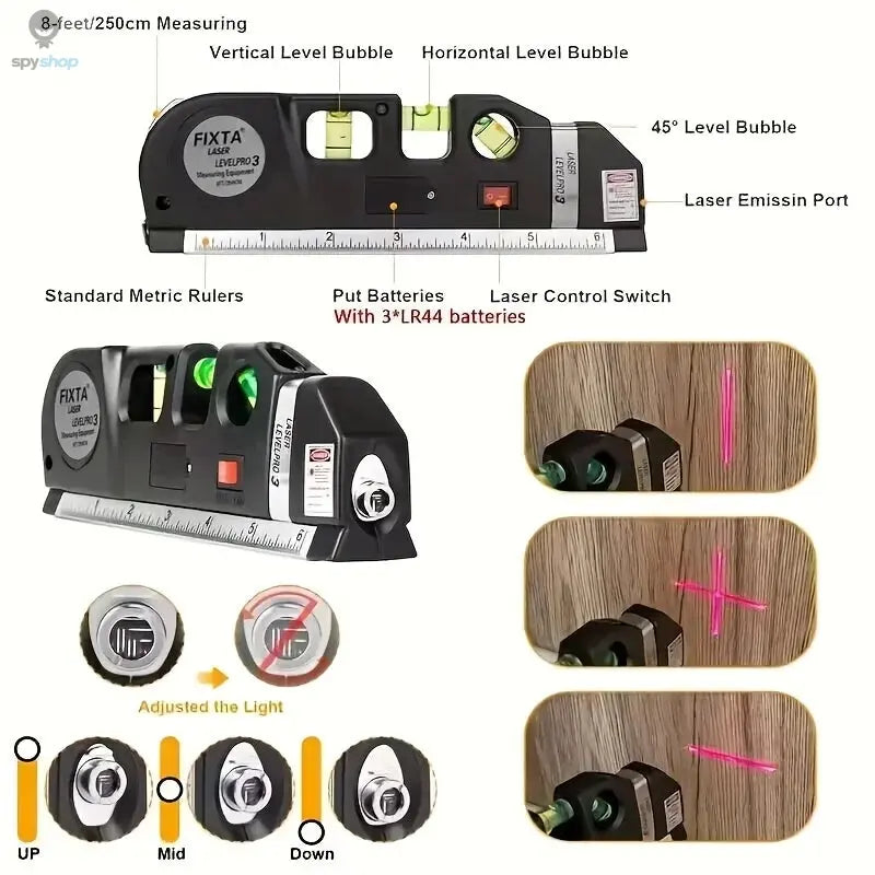 Easy to Use Laser Level Line Tool Multipurpose Laser Level Kit Standard Cross Line Lase 8 Feet Measure Tape Ruler Spy-shop.com