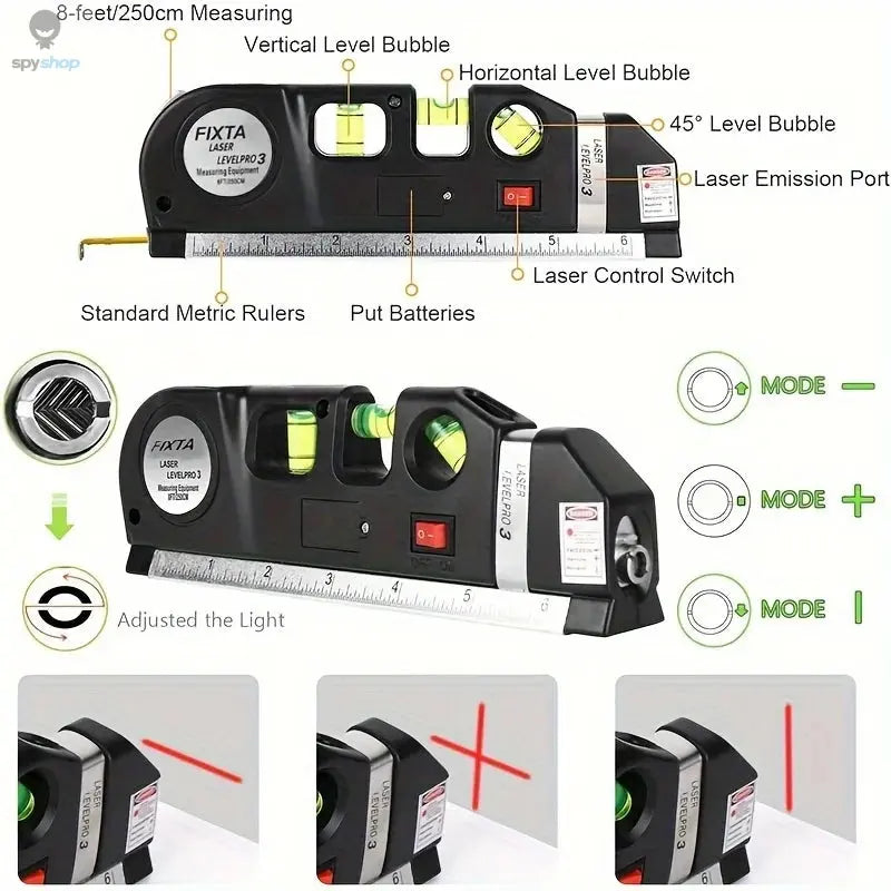 Easy to Use Laser Level Line Tool Multipurpose Laser Level Kit Standard Cross Line Lase 8 Feet Measure Tape Ruler Spy-shop.com