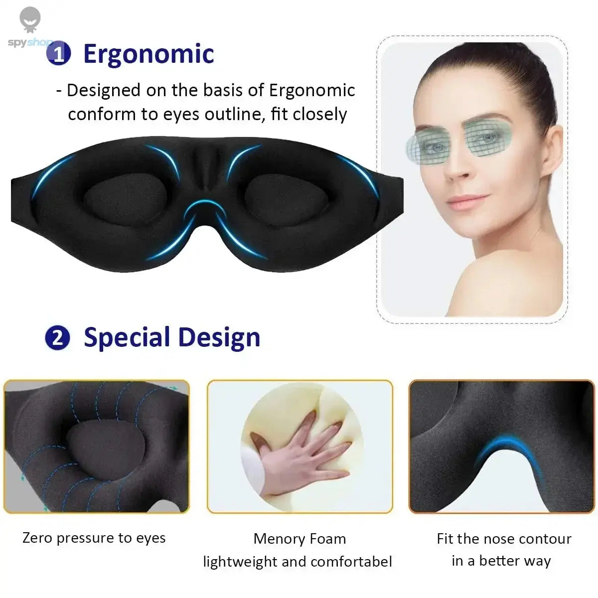 Eye Mask for Sleeping 3D Contoured Cup Blindfold Concave Molded Night Sleep Mask Block Out Light with Women Men Spy-shop.com