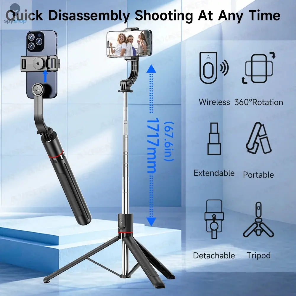 F15 Selfie Stick Tripod with Bluetooth Remote, 6-Section Extendable Pole, 360° Rotation, Fill Light Option, for Phone Vlog