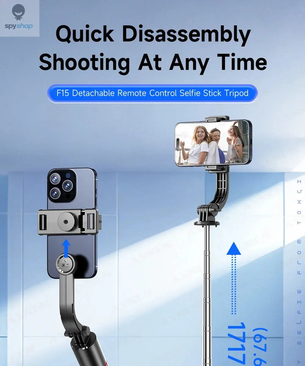 F15 Selfie Stick Tripod with Bluetooth Remote, 6-Section Extendable Pole, 360° Rotation, Fill Light Option, for Phone Vlog