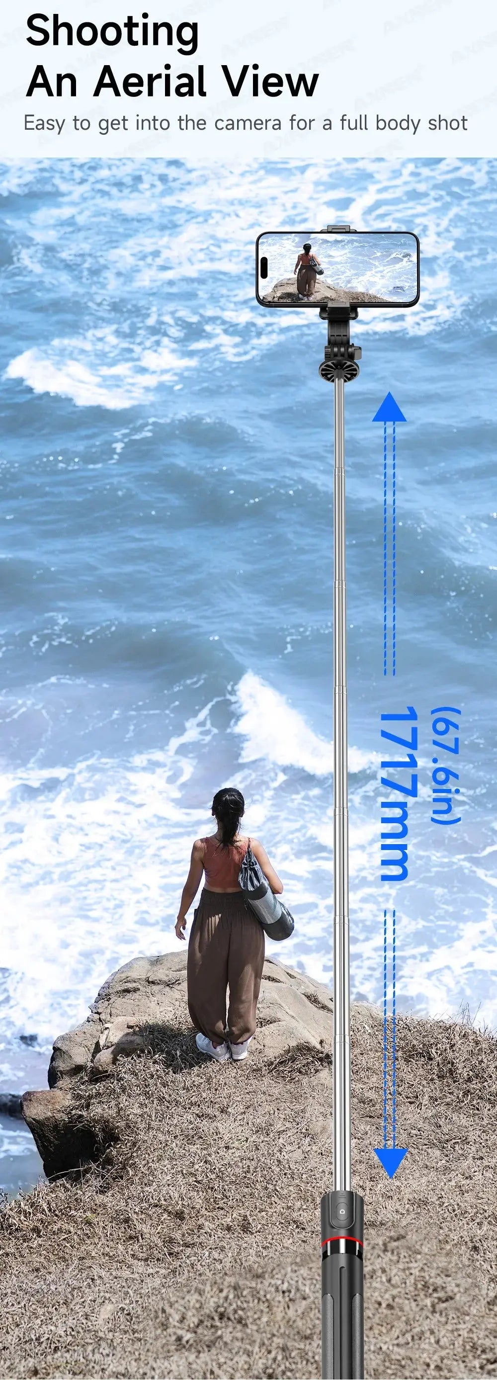 F15 Selfie Stick Tripod with Bluetooth Remote, 6-Section Extendable Pole, 360° Rotation, Fill Light Option, for Phone Vlog