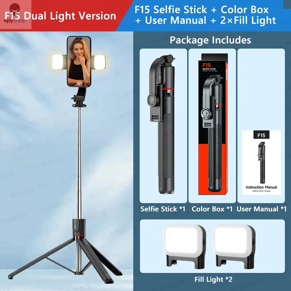 F15 Selfie Stick Tripod with Bluetooth Remote, 6-Section Extendable Pole, 360° Rotation, Fill Light Option, for Phone Vlog