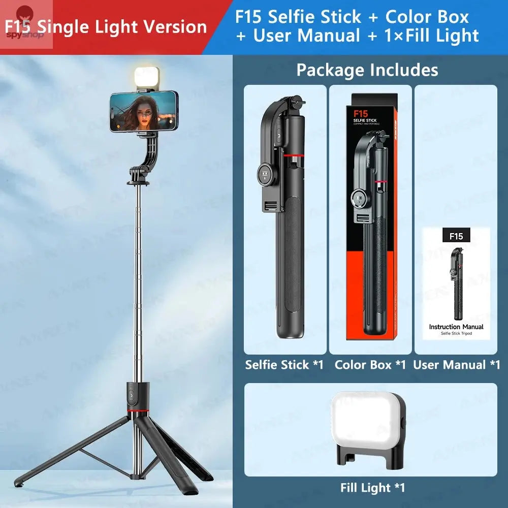 F15 Selfie Stick Tripod with Bluetooth Remote, 6-Section Extendable Pole, 360° Rotation, Fill Light Option, for Phone Vlog
