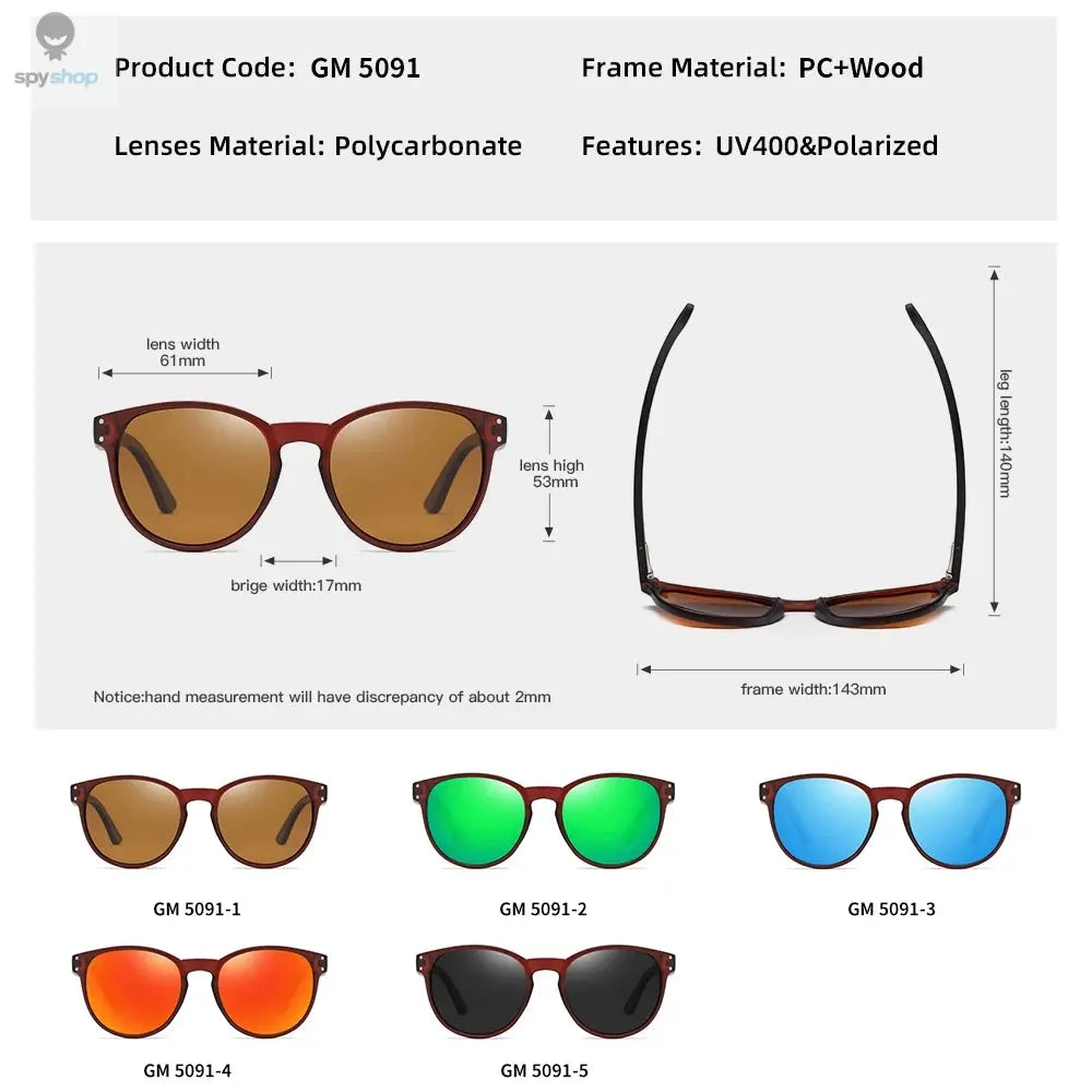 GM Polarized Sunglasses Men Women S5091 Brand Wooden Sunglasses Women Round frame Classic Sunglasses