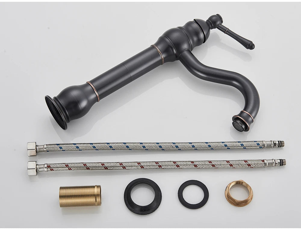 POIQIHY Antique Brass Basin Vessel Sink Faucet Deck Mounted One Hole Cold Hot Water Cold Hot Mixer Tap Bathroom Faucet 1 Hole