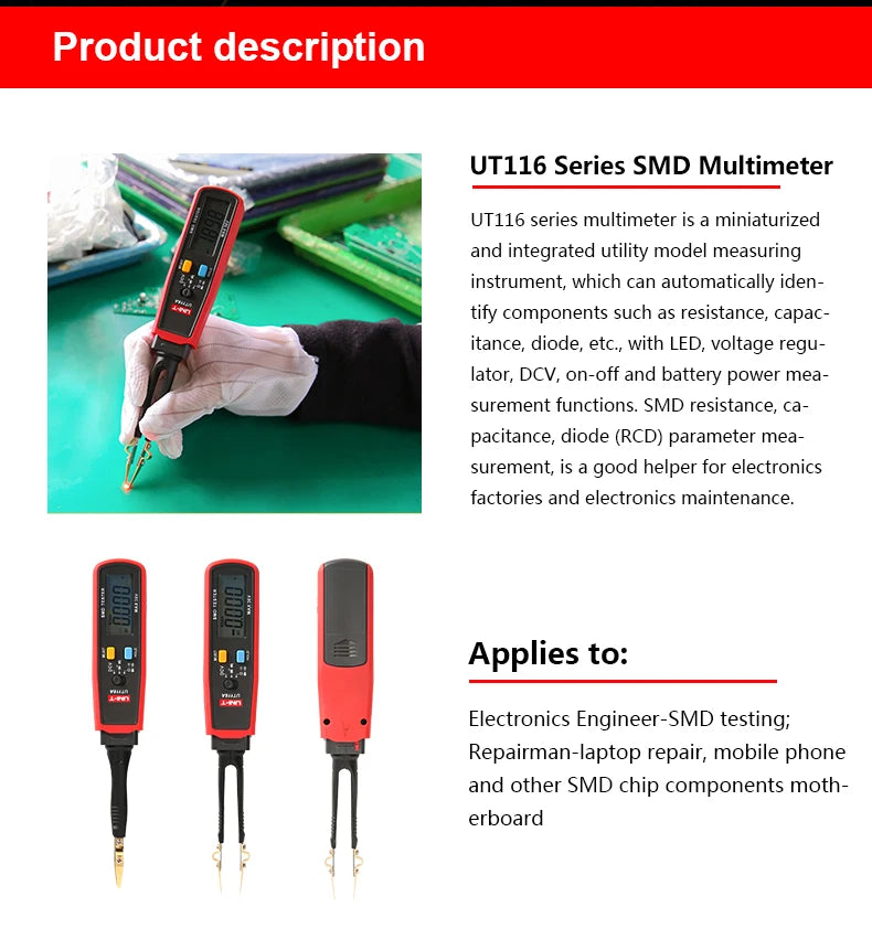 UNI-T UT116C UT116A SMD Tester Meter Rotable Tweezer Resistance Capacitance LED Diode Continuity Battery Tester